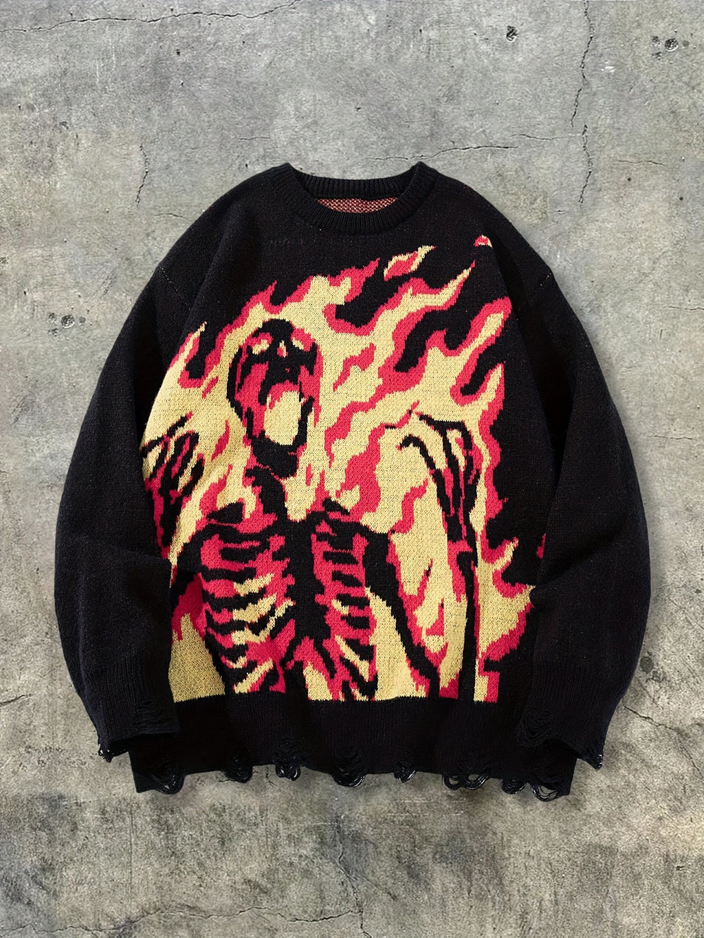 XPLOD Flame Jacquard Distressed Knit Sweater