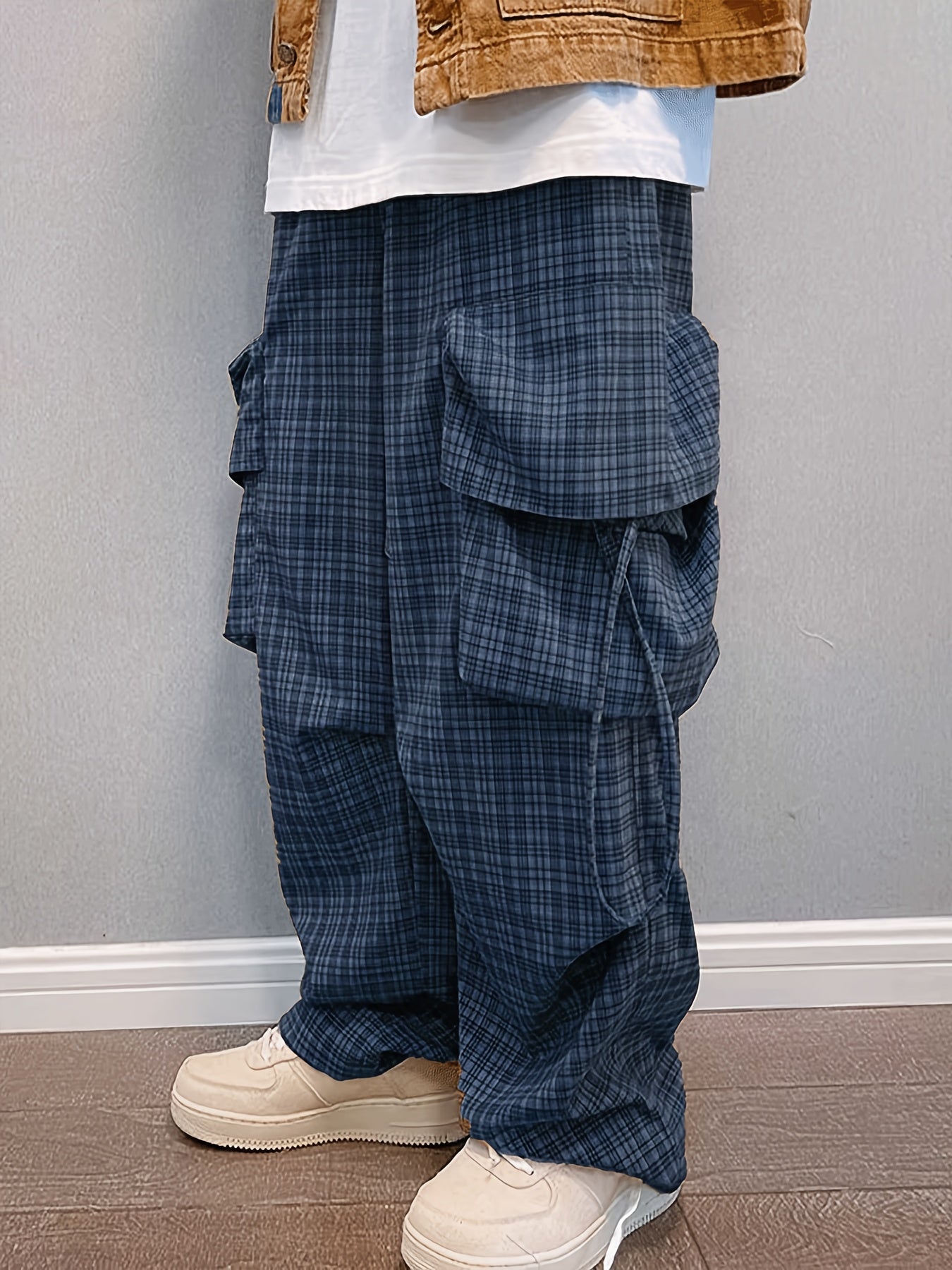 Adamance Navy Plaid Oversized Cargo Pants