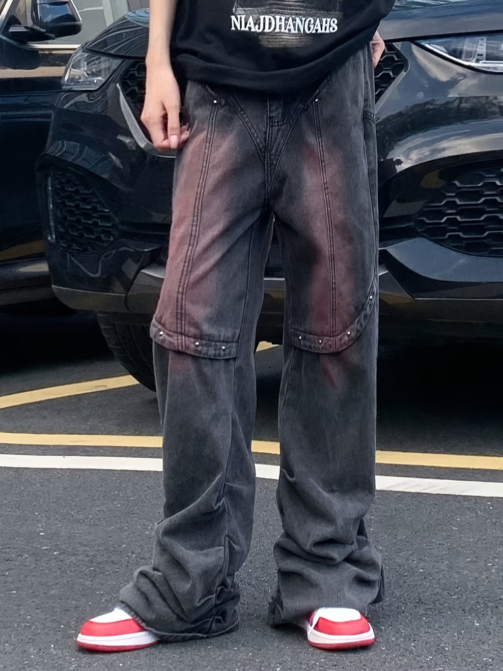 Grunge Red-Gradient Oversized Distressed Jeans
