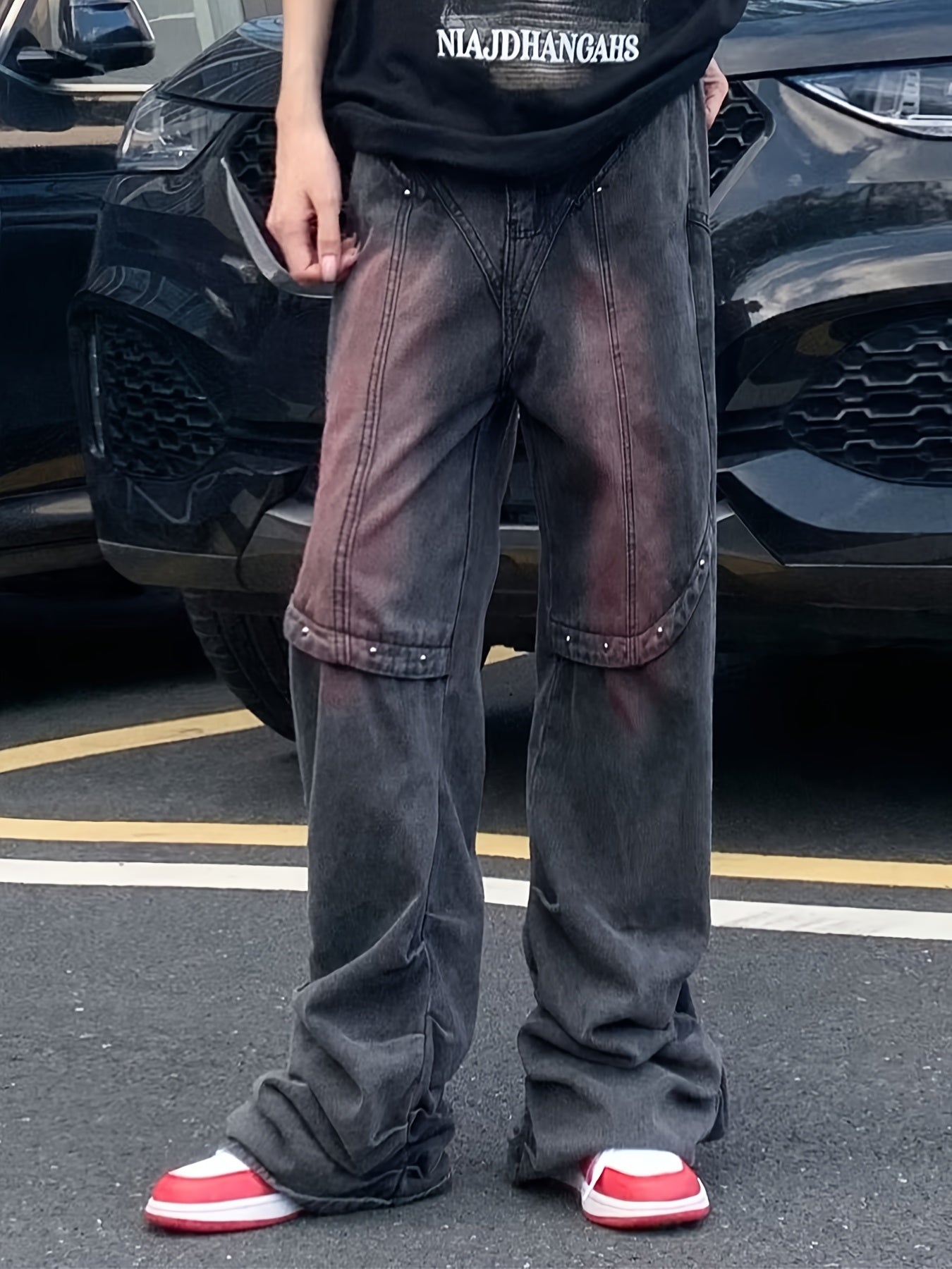 Grunge Red-Gradient Oversized Distressed Jeans
