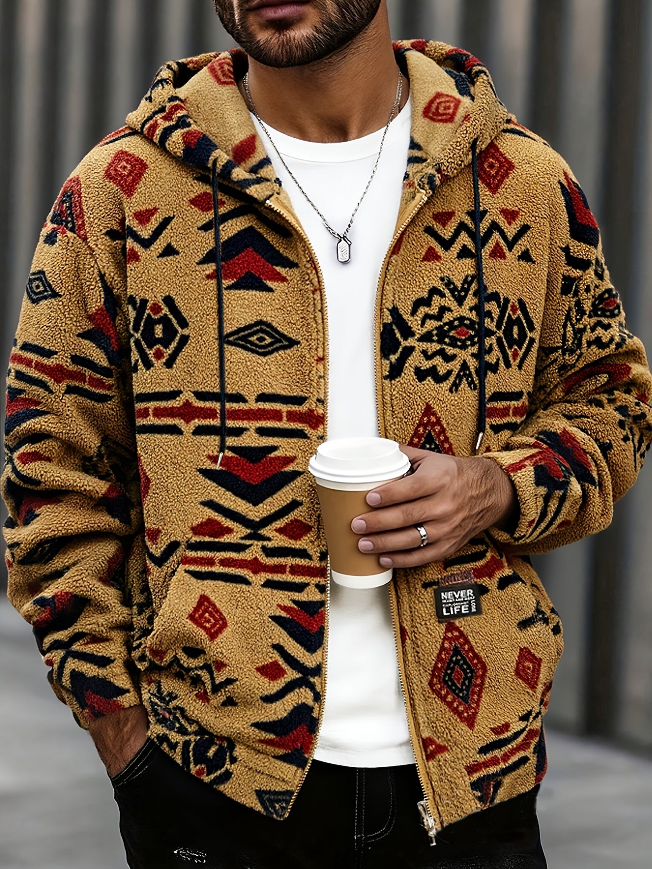 Southwestern Aztec Print Sherpa Fleece Hooded Jacket