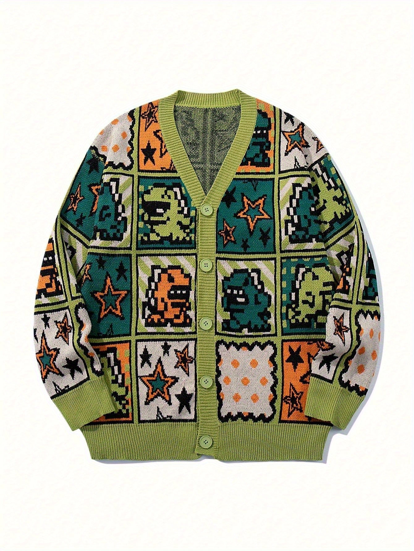 Pixel Patchwork Y2K Oversized Knit Cardigan