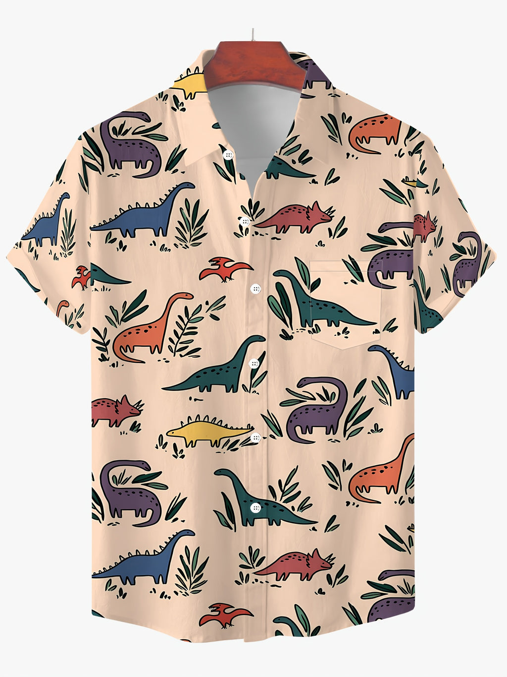 Playful Dinosaur Print Short-Sleeve Hawaiian Shirt