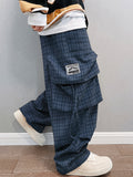 Adamance Navy Plaid Oversized Cargo Pants