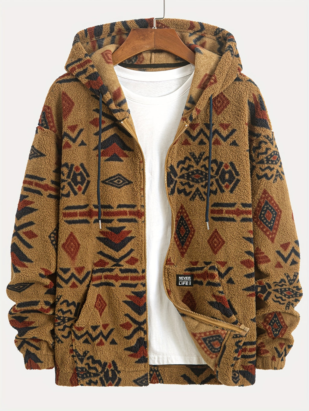 Southwestern Aztec Print Sherpa Fleece Hooded Jacket