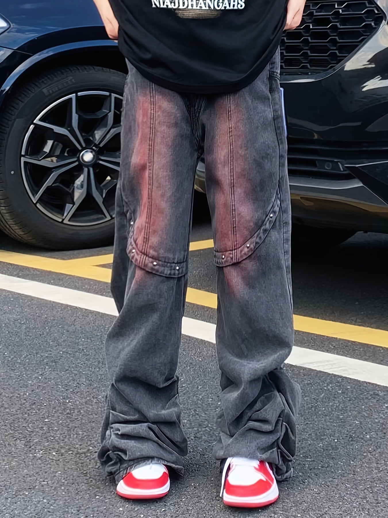 Grunge Red-Gradient Oversized Distressed Jeans
