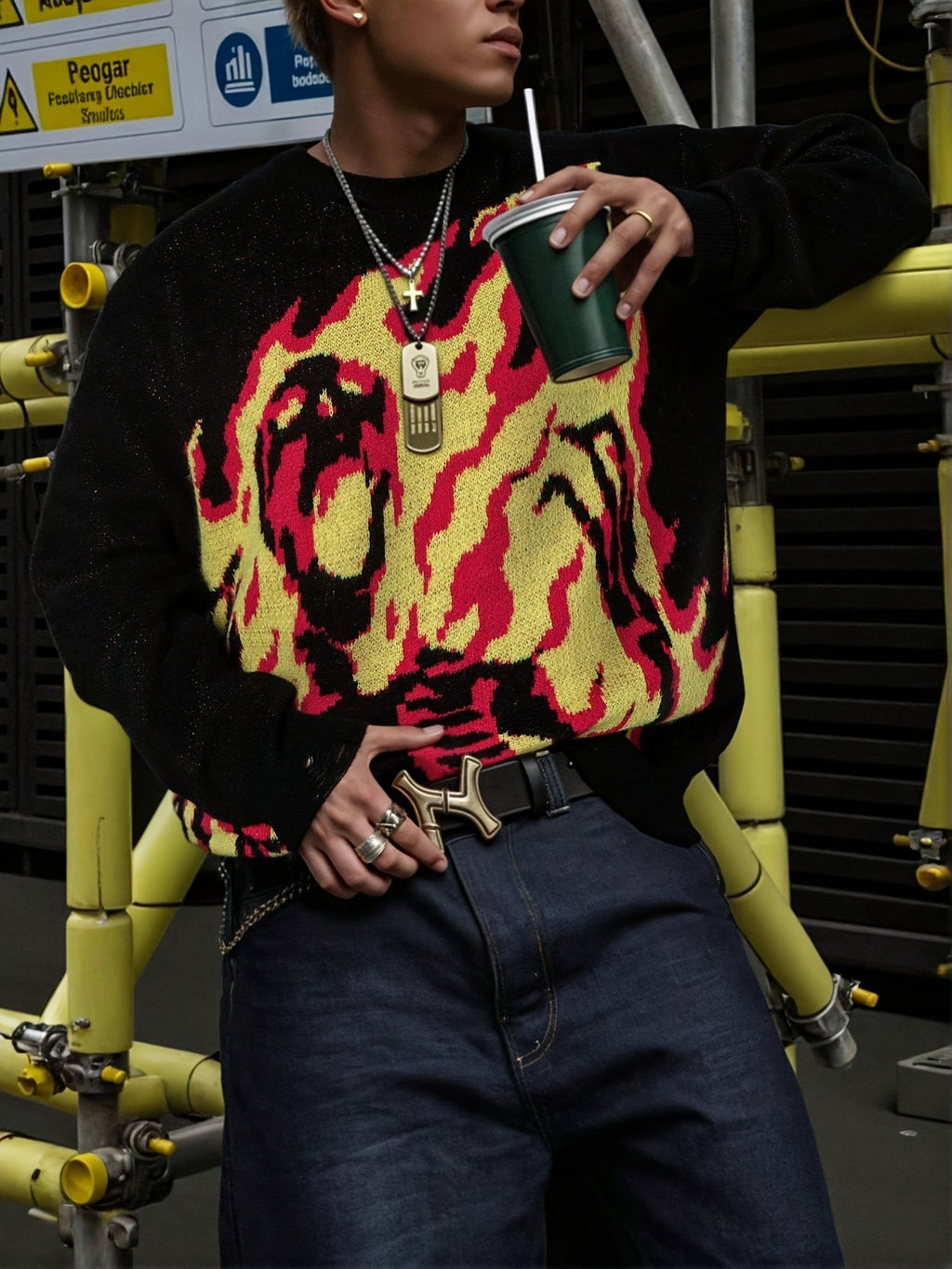 XPLOD Flame Jacquard Distressed Knit Sweater