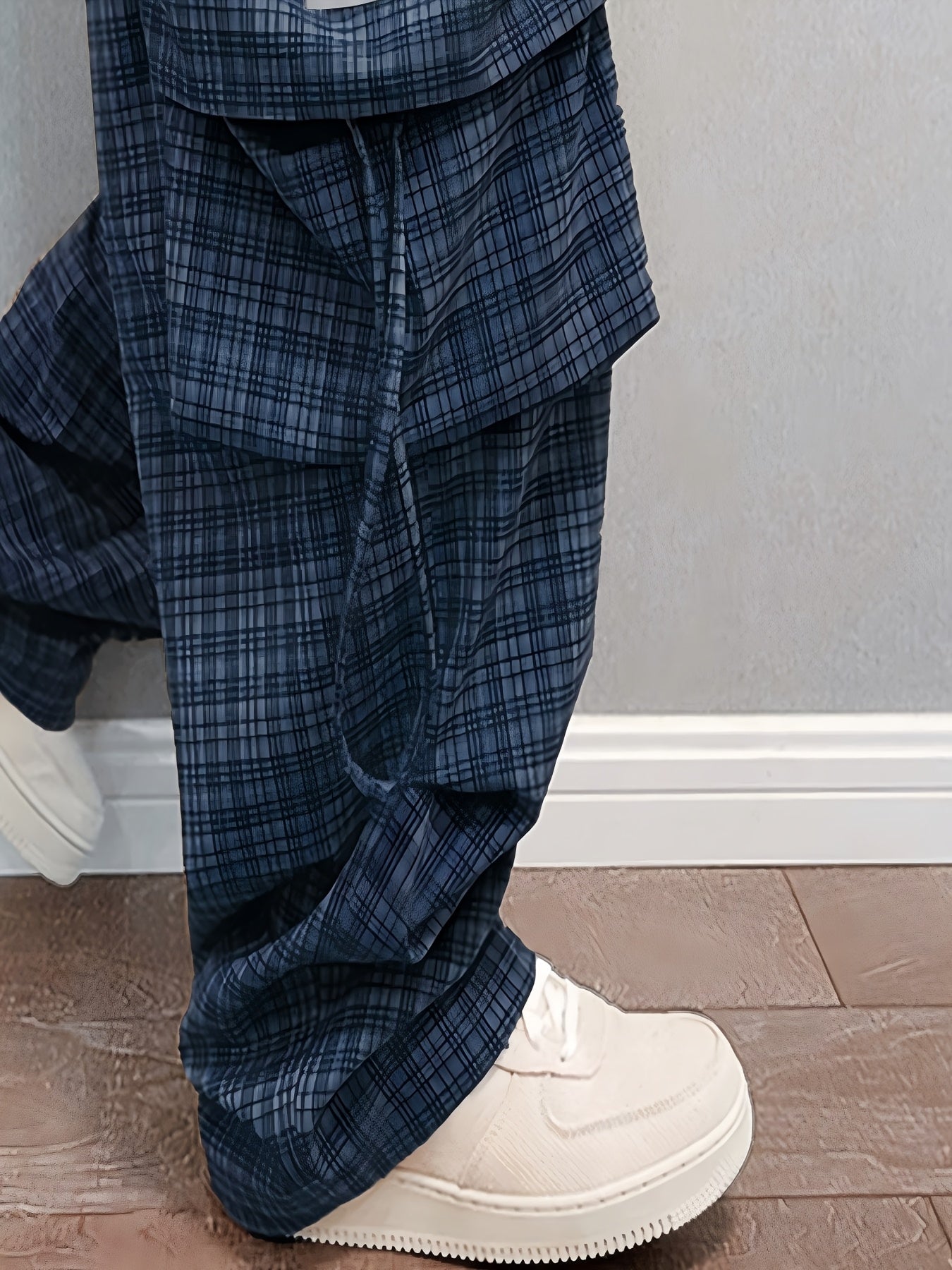 Adamance Navy Plaid Oversized Cargo Pants
