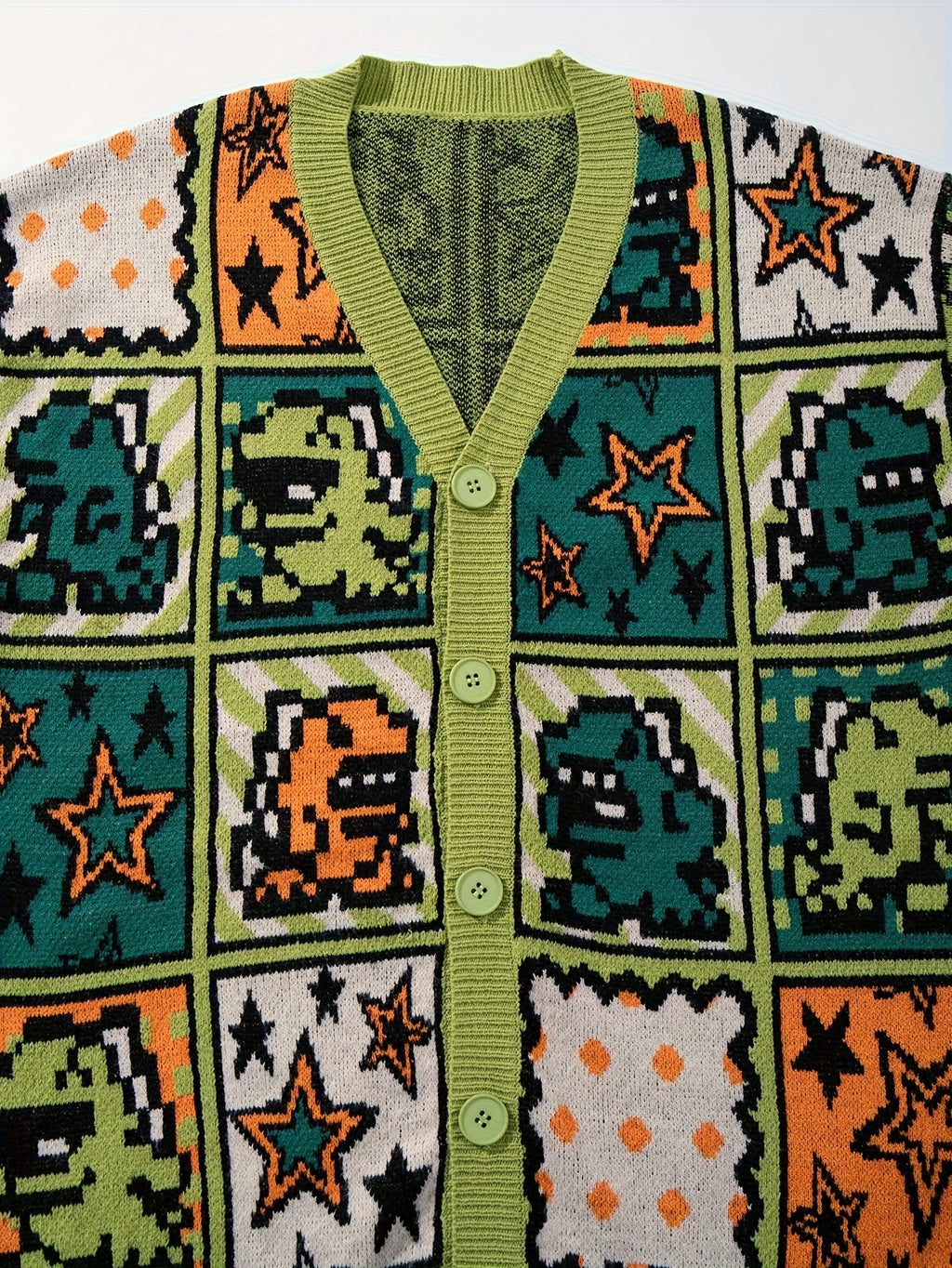 Pixel Patchwork Y2K Oversized Knit Cardigan