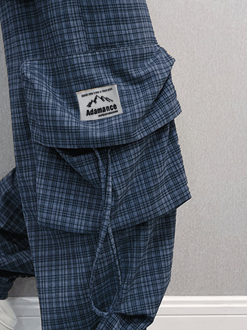 Adamance Navy Plaid Oversized Cargo Pants