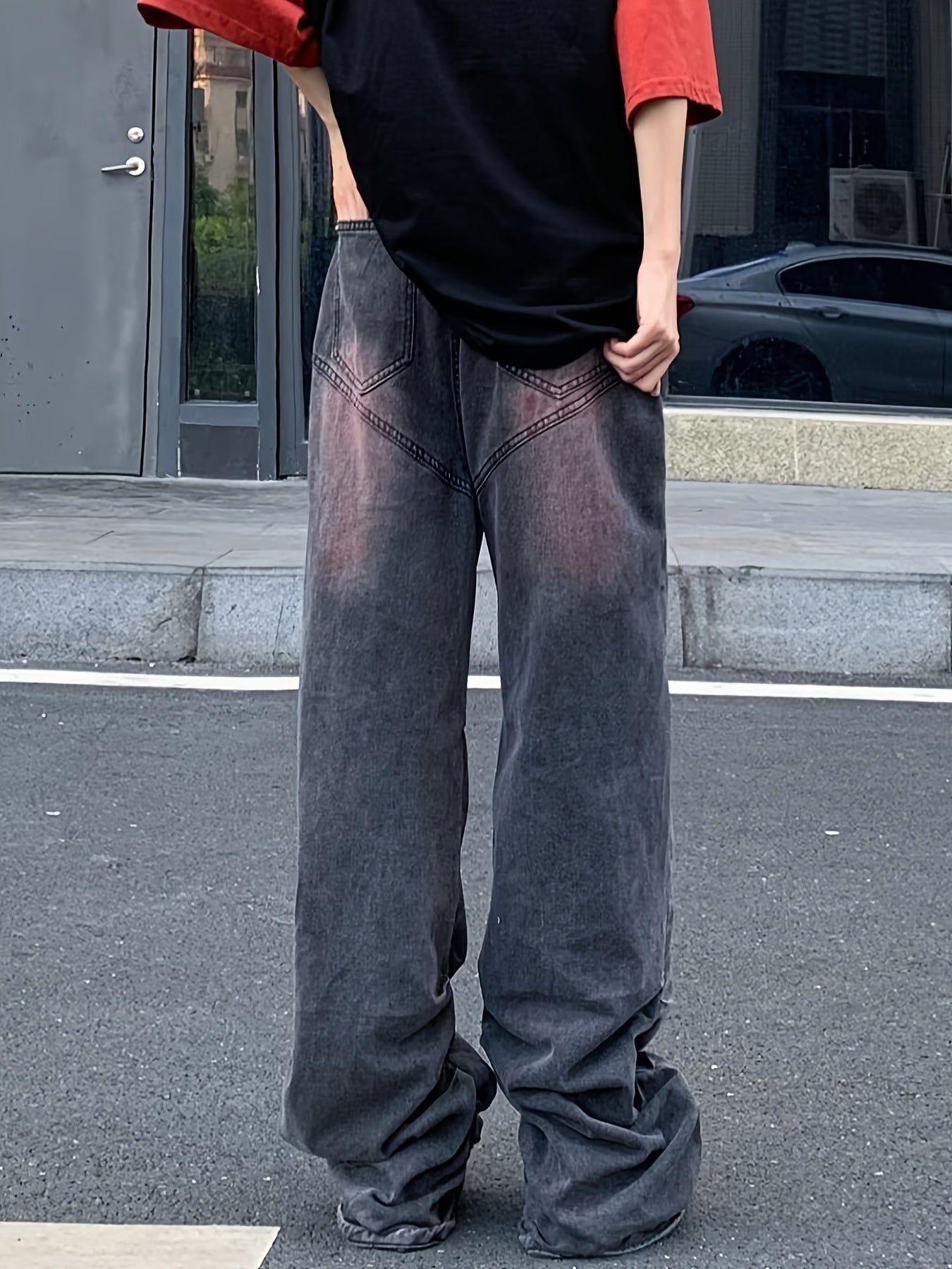 Grunge Red-Gradient Oversized Distressed Jeans