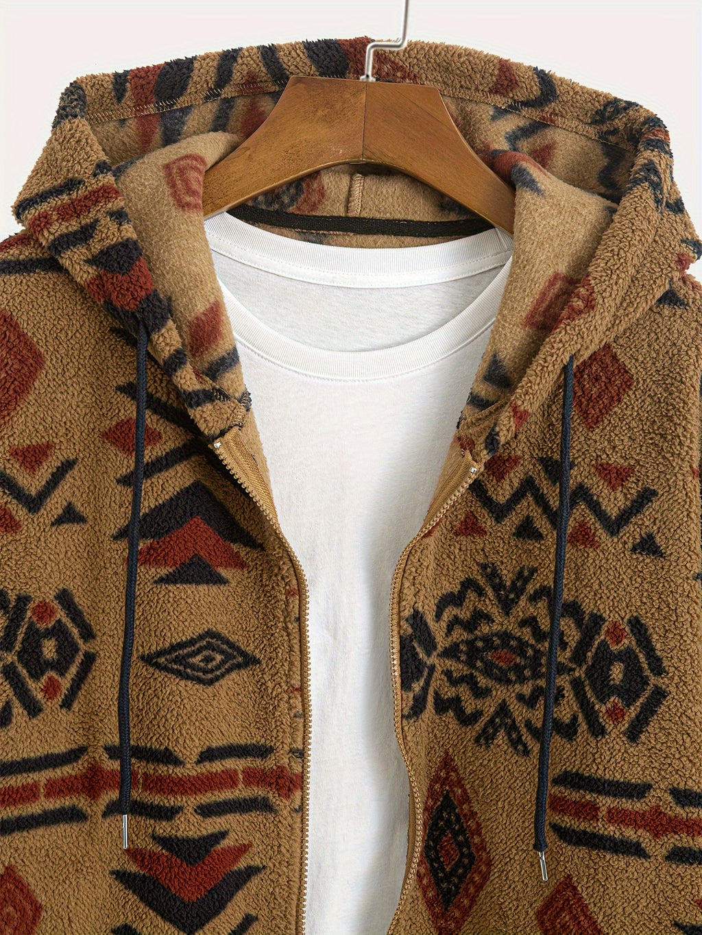 Southwestern Aztec Print Sherpa Fleece Hooded Jacket